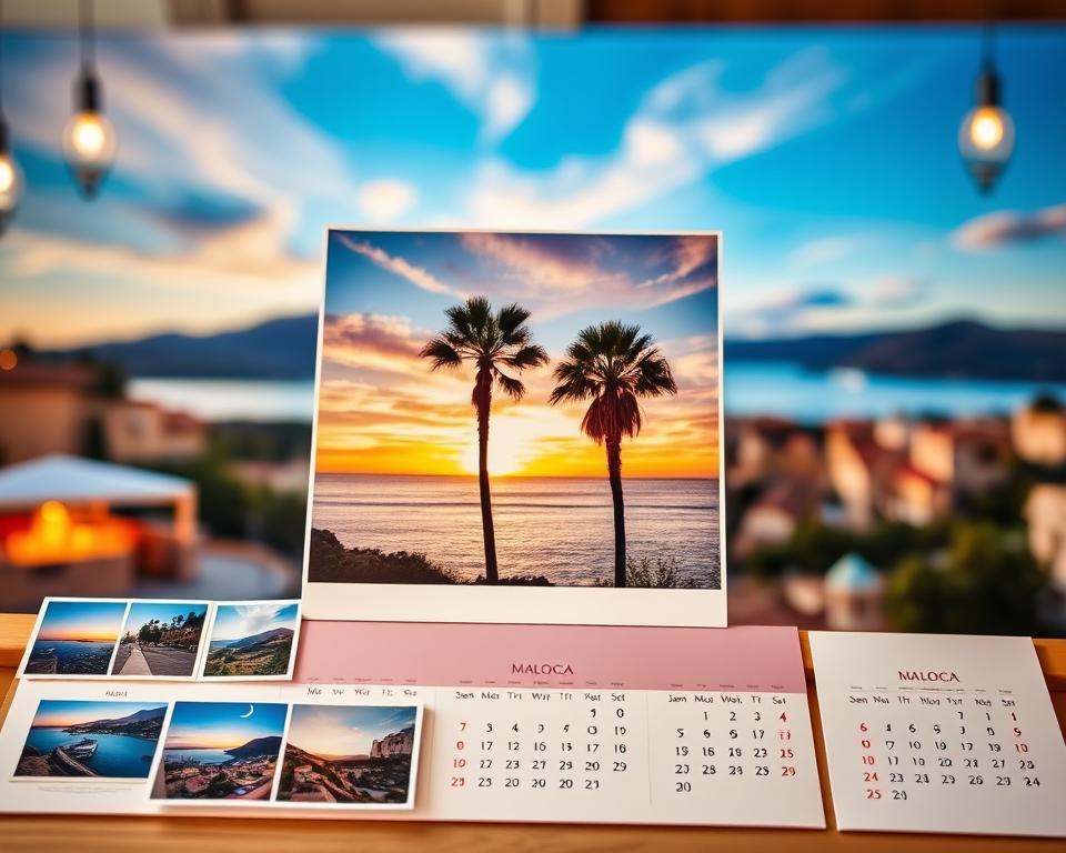A beautifully arranged calendar page layout showcasing stunning vacation photos from Mallorca, emphasizing the ideal image selection for each month. In the foreground, there are small, elegant thumbnails of images capturing Mallorca's picturesque coastline, vibrant markets, and historic architecture, each framed thoughtfully. The middle ground features an artistic arrangement of a full-page photo depicting a serene sunset over the Mediterranean Sea with palm trees silhouetted against the colorful sky. In the background, imagine a blurred image of Mallorca's lush landscapes and charming villages to evoke a sense of wanderlust. Soft, warm lighting enhances the tranquil, inviting atmosphere of the scene, reminiscent of a sunny day in Mallorca. The overall mood should feel uplifting and inspiring, perfect for a vacation calendar.