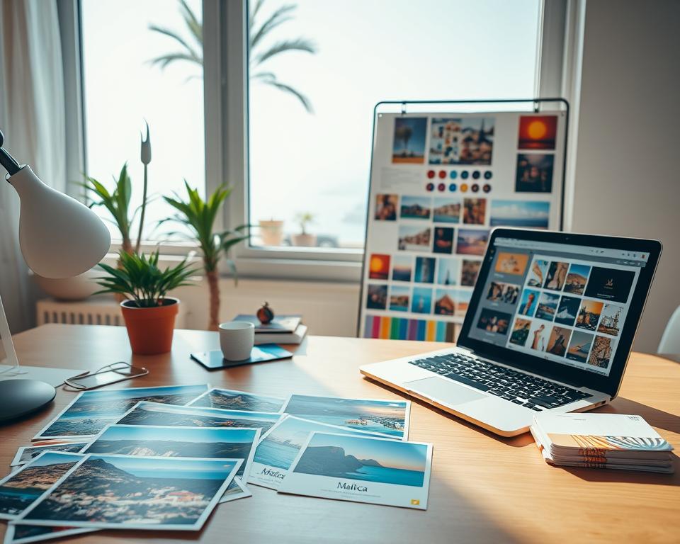 A beautifully arranged desk scene featuring a creative workspace dedicated to designing a Mallorca photo calendar. In the foreground, there are colorful photos of Mallorca’s stunning landscapes, charming streets, and vibrant local culture spread across the desk. A professional laptop is open, displaying a graphic design software interface. The middle ground features a well-lit mood board filled with various design inspirations, including color palettes and decorative elements inspired by Mallorca. In the background, through a large window, a bright Mediterranean view of the sea and palm trees is visible, providing a serene atmosphere. The scene is illuminated by warm, natural sunlight, creating a welcoming and creative ambiance, perfect for generating innovative ideas.