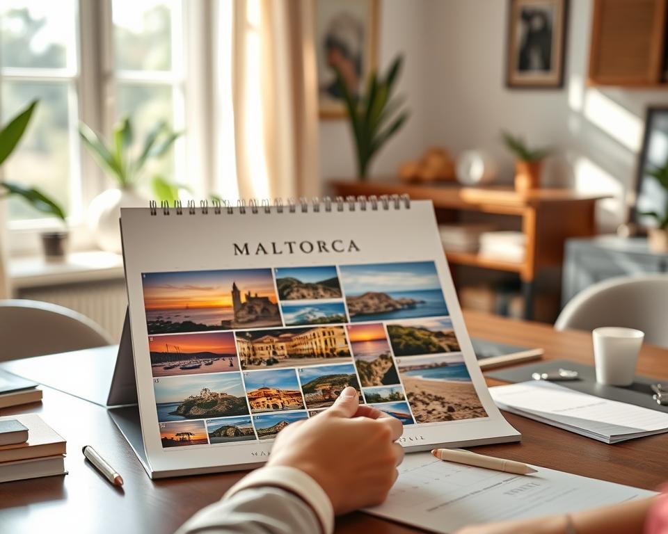 A beautifully arranged personalized photo calendar themed around Mallorca, showcasing stunning vacation photos. In the foreground, a stylish desk featuring a well-crafted calendar open to a month, displaying vibrant images of Mallorca’s beaches, stunning sunsets, and charming villages. In the middle, a pair of hands gently flipping through the calendar pages, adorned with elegant stationery and a soft pen, indicating personalization options. The background reveals a sunlit room with warm, inviting decor, reflecting a cozy and creative workspace. Gentle natural light streams through a window, casting soft shadows and enhancing the painted colors of the vacation images. The mood is uplifting and inspirational, capturing the essence of personalized memories from Mallorca, ideal for creative enthusiasts.