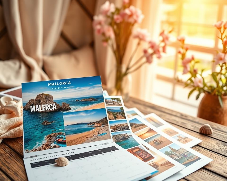 A beautifully arranged photo calendar showcasing stunning landscapes of Mallorca, with vibrant images capturing crystal-clear waters, rocky coastlines, and charming village streets. The foreground features pages of the calendar fanned out, each displaying a different vacation photo, from sun-drenched beaches to picturesque sunsets. In the middle ground, a rustic wooden table adds warmth, adorned with seashells and soft fabric drapes that evoke a beachy atmosphere. The background reveals a soft-focus view of blooming Mediterranean plants under golden hour lighting, enhancing the dreamy ambiance. The image conveys nostalgia and tranquility, inviting viewers to reminisce about cherished memories. Shot from a slightly elevated angle, the entire scene is bathed in warm, soft light, evoking the essence of a perfect holiday in Mallorca.
