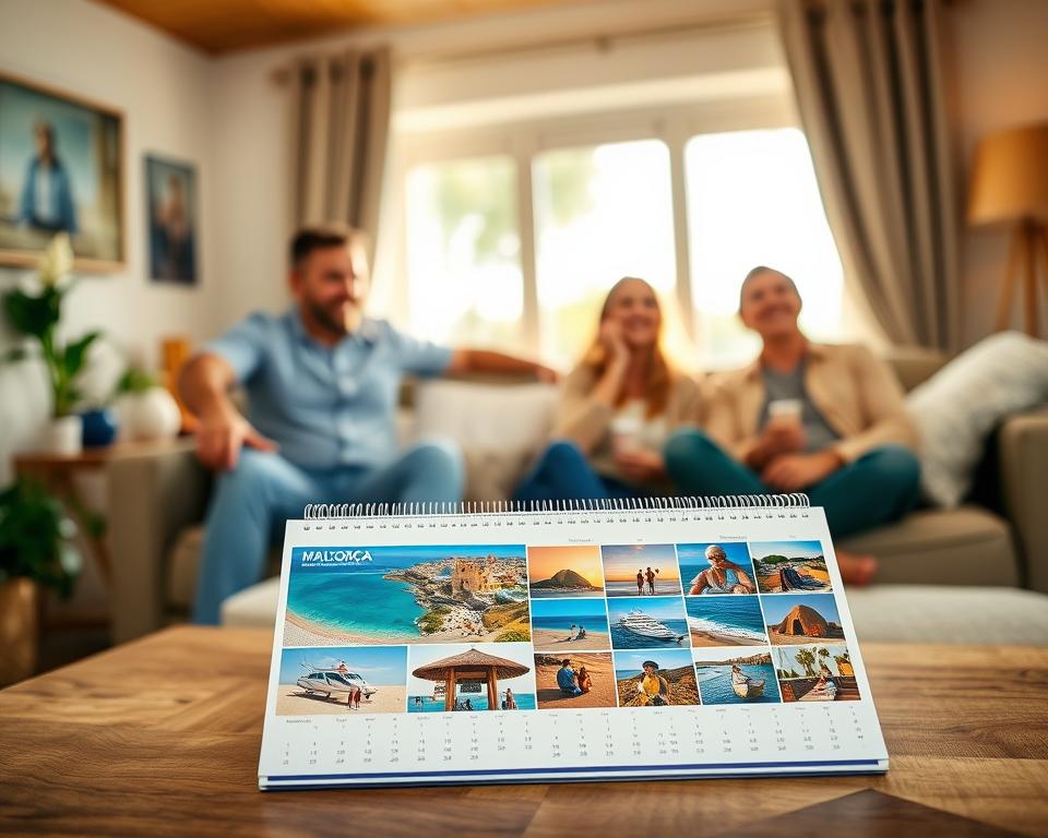 A beautifully arranged photo calendar showcasing vibrant vacation snapshots from Mallorca, prominently displayed in the foreground on a wooden table. The calendar pages feature stunning beach scenes, sunny landscapes, and local culture, evoking a sense of nostalgia and warmth. In the middle ground, a cozy living room setting with soft, inviting lighting enhances the homey atmosphere, while family members in casual attire smile and admire the calendar together, embodying connection and joy. The background transitions to a sunlit window revealing a scenic outdoor view, adding a touch of tranquility. The overall mood is cheerful and heartwarming, emphasizing the calendar as a perfect gift idea for family and friends. Use warm, natural lighting and a slightly blurred depth of field to create a soft, inviting focus on the calendar.