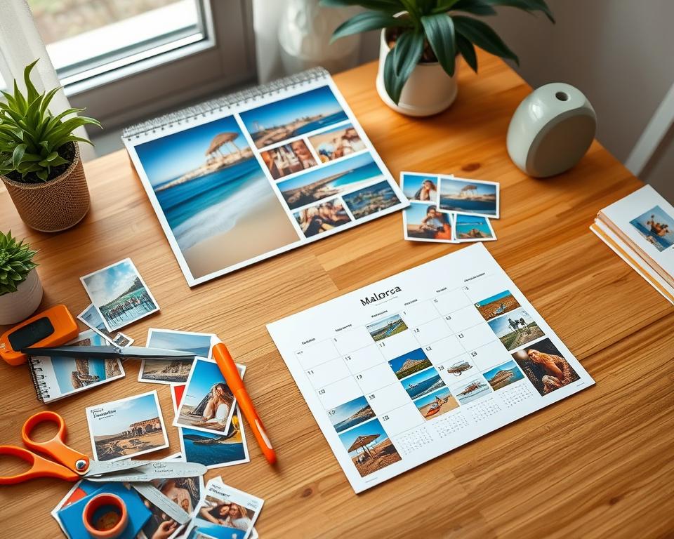 A beautifully designed workspace showcasing a photo calendar-making process, featuring vibrant holiday photos from Mallorca. In the foreground, a neatly organized table with colorful craft supplies, including scissors, glue, and printed images of sun-soaked beaches and picturesque Mediterranean landscapes. The middle ground should depict a calendar template displaying customizable layout options, with one page turned to reveal realized vacation memories. In the background, soft, natural lighting from a nearby window highlights the warm tones of the wooden desk, creating an inviting atmosphere. The angle should be slightly overhead, providing a comprehensive view of the scene, evoking a sense of creativity and inspiration suitable for crafting the perfect photo calendar.