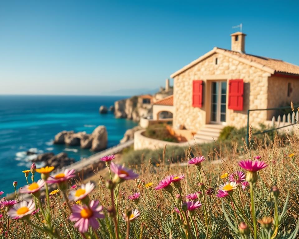 A stunning landscape of Mallorca showcasing its most picturesque elements for a photo calendar theme. In the foreground, vibrant wildflowers bloom, with a gentle breeze swaying them. The middle ground features a charming, traditional Mallorca stone house, its colorful shutters wide open, inviting warmth and comfort. In the background, the dramatic coastline reveals turquoise blue waters gently lapping against rocky cliffs under a brilliant blue sky. The lighting is soft and warm, reminiscent of golden hour, casting a nostalgic glow across the scene. The atmosphere feels inviting and serene, capturing the essence of a relaxing Spanish getaway. The angles emphasize depth, with a slight tilt to create a dynamic composition that draws in viewers, showcasing the beauty of Mallorca’s natural and architectural wonders.