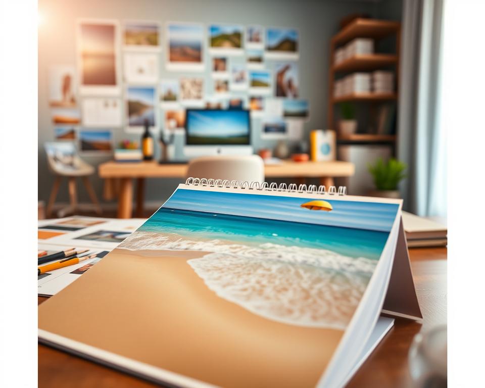 A vibrant image of a beautifully designed photo calendar featuring stunning vacation photos from Mallorca. In the foreground, focus on a close-up of a calendar page showcasing a picturesque beach scene with turquoise waters and soft golden sands. The middle ground displays various stages of calendar design, with scattered images and notes highlighting common design mistakes, like poor color choices and cramped layouts. In the background, a cozy workspace is illuminated by warm morning light filtering through a window, creating an inviting atmosphere. A desk is neatly organized with design tools, illustrating a professional yet creative vibe. The overall mood is one of inspiration and careful planning, emphasizing the importance of thoughtful design in creating a memorable photo calendar.