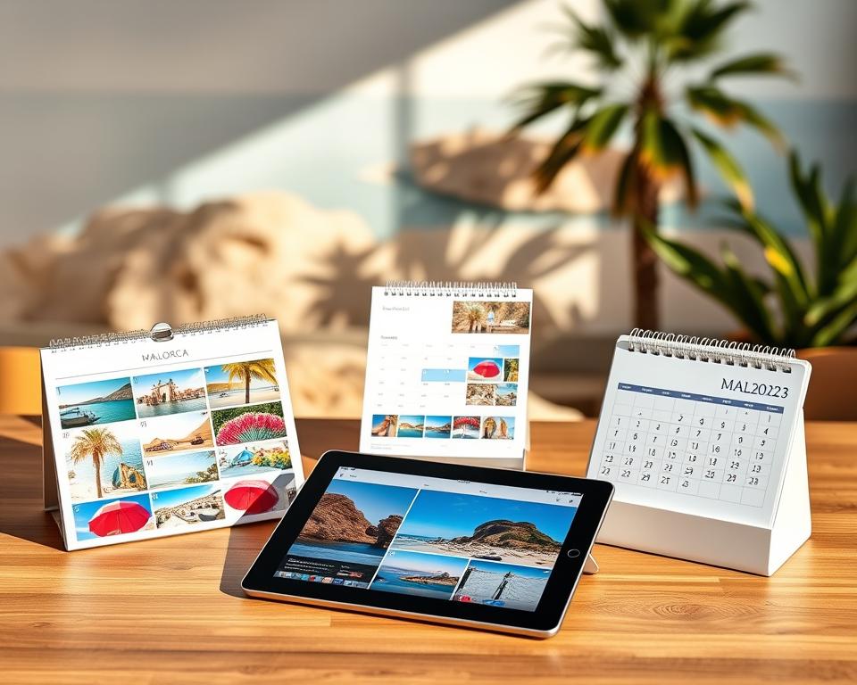 A visually appealing overview of different calendar formats, featuring a variety of calendar layouts displayed artistically on a wooden table. In the foreground, showcase a classic wall calendar with vibrant holiday photo prints of Mallorca on each page, next to a sleek, modern desk calendar and a portable planner. The middle section includes an open digital tablet displaying a calendar app with beautiful imagery. The background features a soft, blurred coastal scene of Mallorca, hinting at a sunny beach with palm trees. The lighting is warm and inviting, casting gentle shadows, emphasizing a cheerful and creative atmosphere. Shot from a slightly elevated angle to provide a comprehensive view of the calendars and enhance the inviting mood.
