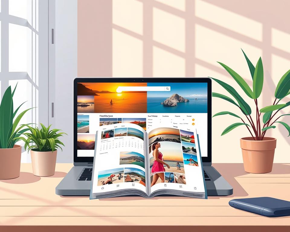 A visually engaging illustration depicting the "Fotokalender Bestellprozess" for a photo calendar featuring vacation photos from Mallorca. In the foreground, a well-organized desk is shown, with a laptop displaying the ordering process website, crisp images of vibrant Mallorca landscapes, such as beaches and sunsets, arranged around the screen. In the middle, a stylishly designed fotokalender opened to a page showcasing beautiful vacation memories. The background features warm, natural lighting spilling in from a nearby window, creating a cozy atmosphere. Soft shadows cast by indoor plants add depth. The overall mood is inviting and professional, reflecting a seamless and enjoyable ordering experience for customers.