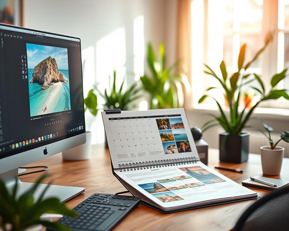 A well-organized workspace featuring a modern computer setup displaying photo editing software. In the foreground, a vibrant photo of a picturesque Mallorca beach is showcased on the screen, demonstrating the editing process with tools highlighted. In the middle, a stylish calendar layout is open, revealing beautifully edited vacation images arranged for printing. The background shows a sunny, airy office with green plants and soft, natural light streaming in through a window. The atmosphere is creative and inspiring, with an emphasis on optimizing images for print quality. Use a shallow depth of field to focus on the editing interface while gently blurring the background, conveying a sense of productivity and artistry.