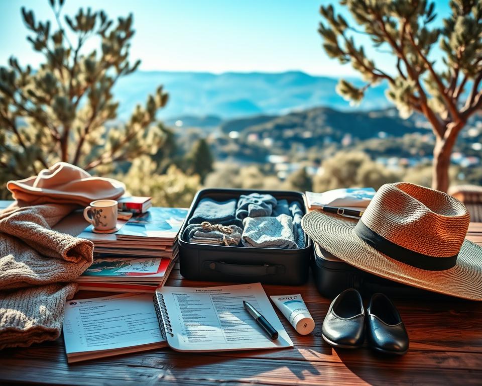 A beautifully organized travel packing checklist for a winter trip to Mallorca, artistically arranged on a rustic wooden table. In the foreground, showcase essential items like a warm sweater, a lightweight rain jacket, travel guidebooks, sunscreen, and a stylish sun hat. In the middle, include a packed suitcase with neatly folded clothes, shoes, and toiletries. In the background, depict a scenic view of Mallorca's winter landscape, featuring sunlit olive trees and a clear blue sky, along with hints of snowy mountain peaks. Use soft, warm lighting to create a cozy and inviting atmosphere, emphasizing a sense of relaxation and preparation for a serene winter getaway. The camera angle should capture depth, focusing on the checklist and suitcase while allowing the beautiful landscape to be a gentle backdrop.