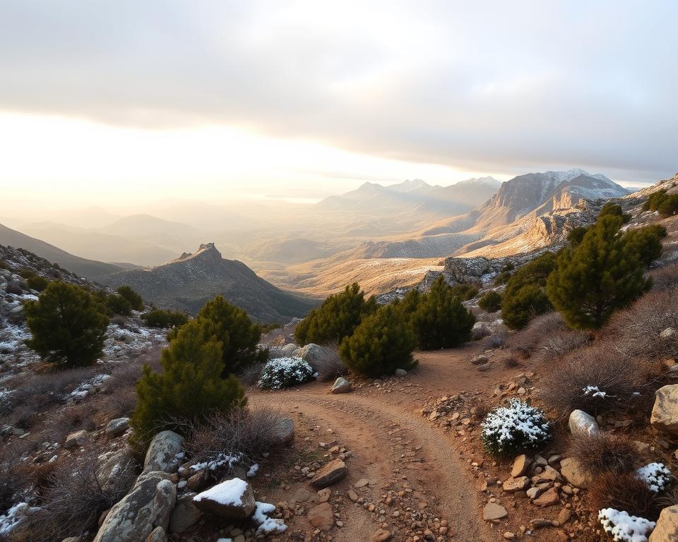 A breathtaking winter scene in the Serra de Tramuntana mountains, Mallorca. In the foreground, a rugged hiking trail winds through a landscape of rocky outcrops and winter vegetation, with clusters of evergreen trees dusted with light snow. Midground features panoramic views of dramatic peaks and valleys, illuminated by soft, golden sunlight breaking through a slightly overcast sky. In the background, majestic mountains rise sharply, their summits adorned with patches of white snow. The atmosphere conveys a sense of tranquility and adventure, inviting viewers to explore this natural paradise. Use a wide-angle lens perspective to capture the vastness and beauty, emphasizing the contrast between the warm sunlight and the cool winter setting.