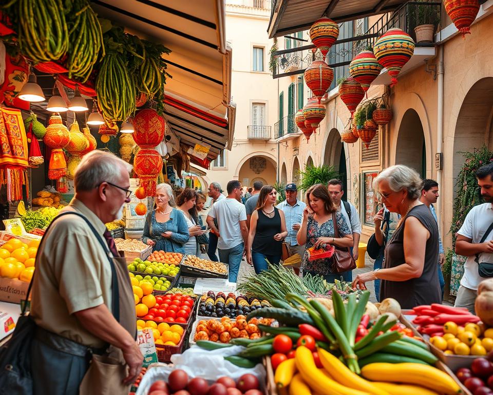 A bustling weekly market scene in Mallorca, showcasing vibrant stalls adorned with fresh fruits, vegetables, artisanal goods, and colorful local crafts. In the foreground, a friendly vendor, dressed in casual yet neat attire, engages with a customer, discussing prices and demonstrating the art of negotiation. The middle ground captures shoppers examining produce, with animated conversations highlighting the bustling atmosphere. In the background, the charming architecture of traditional Mallorcan buildings, framed by the warm glow of late afternoon sunlight, adds depth. The composition is shot from a slightly elevated angle to encompass the lively interactions and the variety of products available. The mood is cheerful and inviting, reflecting the community spirit of the market.
