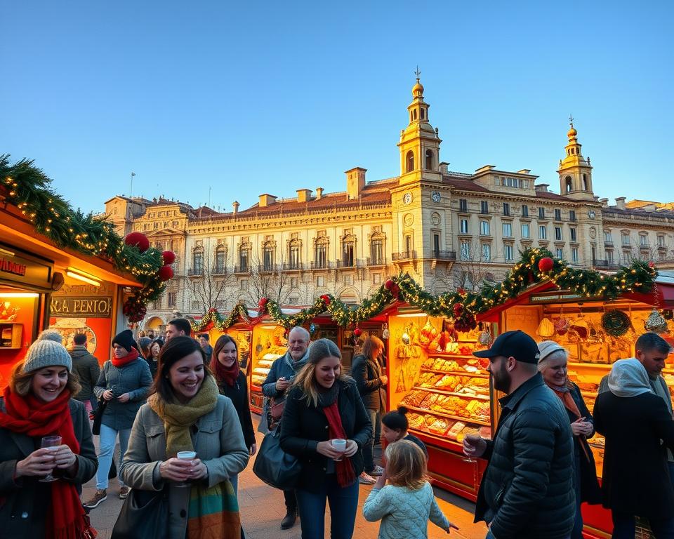A charming Mallorca winter festival scene, showcasing a lively outdoor market filled with vibrant stalls adorned with festive decorations and local crafts. In the foreground, a diverse group of people in modest casual clothing are laughing and enjoying mulled wine while children frolic with handmade toys. The middle ground features beautifully lit market stalls displaying traditional Mallorcan food, handmade ornaments, and warm blankets. In the background, the stunning architecture of Palma’s historic buildings is softly illuminated by golden winter sunlight, creating a warm and inviting atmosphere. The sky is a clear blue, hinting at a mild winter day. Capture this scene with a wide-angle lens to emphasize the bustling atmosphere and warmth of the island's winter celebrations.