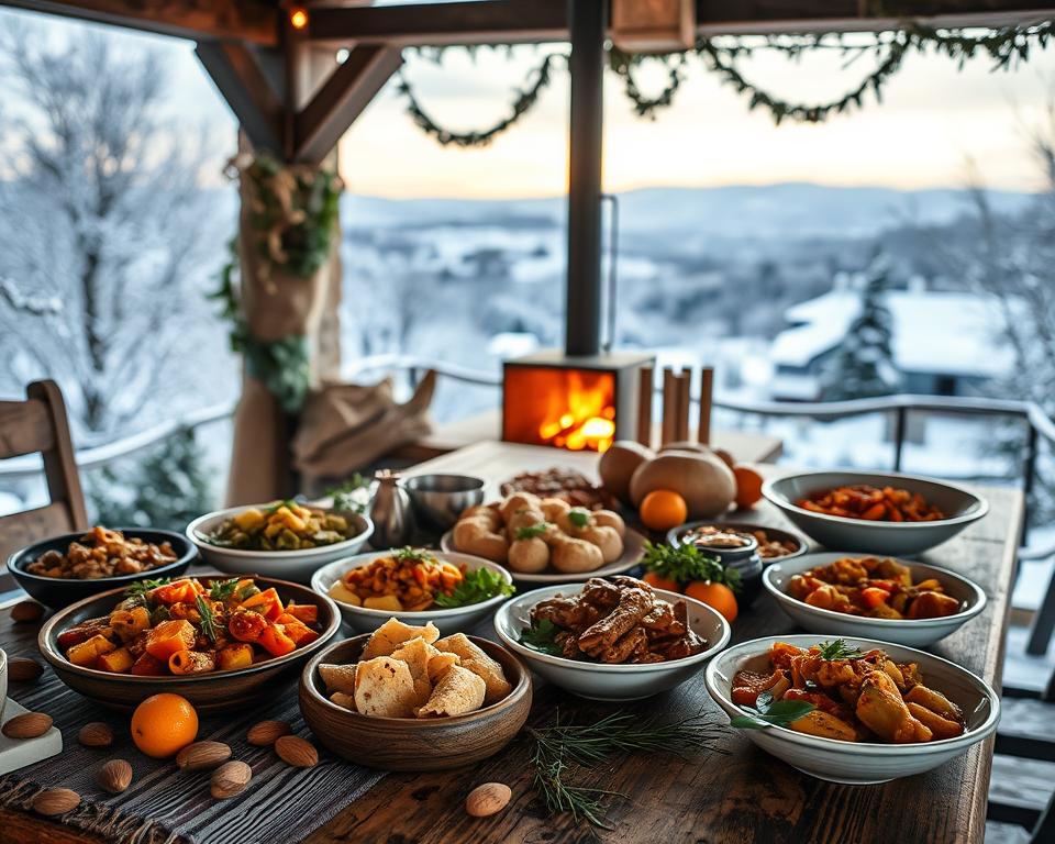 A cozy winter scene showcasing Mallorcan cuisine laid out on a rustic wooden table. In the foreground, a beautifully arranged spread of traditional Mallorcan dishes, such as "tumbet" (vegetable dish) and "frit de matances" (pork stew), garnished with fresh herbs. Scattered around are seasonal ingredients like oranges and almonds, emphasizing the island's winter bounty. In the middle ground, a warm fireplace flickers, casting a soft glow on the table, creating an inviting atmosphere. In the background, a panoramic view of the Mallorca countryside is blanketed with light snow, depicting a serene winter landscape. The lighting is warm and soft, evoking a sense of comfort and tradition. Aim for a slightly elevated angle to encompass both the food and the beautiful surroundings.