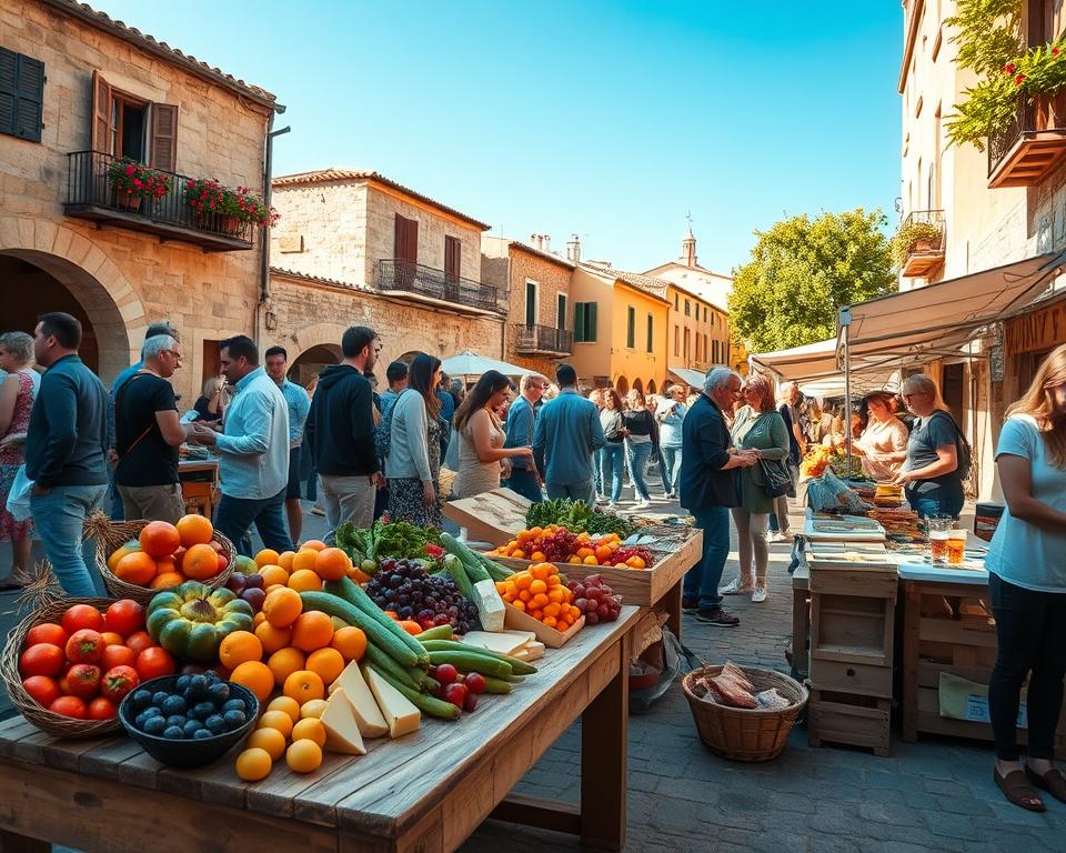 A lively scene of the Santa Maria del Camí market in Mallorca, showcasing vibrant local produce and handmade crafts. In the foreground, a rustic wooden table is laden with colorful fruits, vegetables, and artisanal breads, attracting shoppers dressed in modest casual clothing. The middle ground features local vendors enthusiastically interacting with customers, offering samples of cheese and cured meats. The background reveals traditional Balearic architecture with stone buildings, adorned with flower pots, under a bright blue sky. Soft, warm sunlight filters through the trees, creating a welcoming atmosphere filled with community energy. The composition captures an immersive and bustling market feel, emphasizing the charm and local flavors of Mallorca's weekly markets.