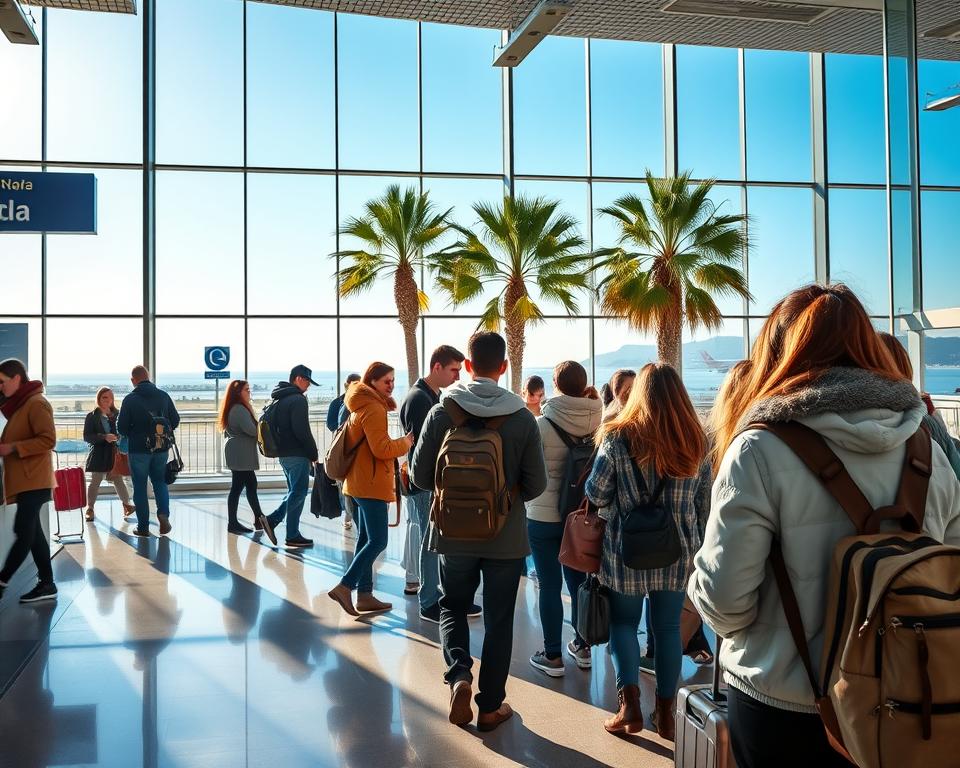 A picturesque scene illustrating the journey to Mallorca from Germany, focusing on a modern airport terminal bustling with tourists. In the foreground, a diverse group of travelers, dressed in casual winter clothing, can be seen checking in at the airline counter. The middle ground features an expansive view of the terminal with large glass windows showcasing the sunny weather outside, palm trees swaying gently in the breeze. The background reflects the blue sky and a distant glimpse of Mallorca’s shoreline, hinting at the island's beauty. The ambiance is bright and inviting, with soft, natural sunlight streaming through the glass, conveying a sense of anticipation and adventure. The image should be captured using a wide-angle lens to emphasize both the travelers and the spacious terminal setting.