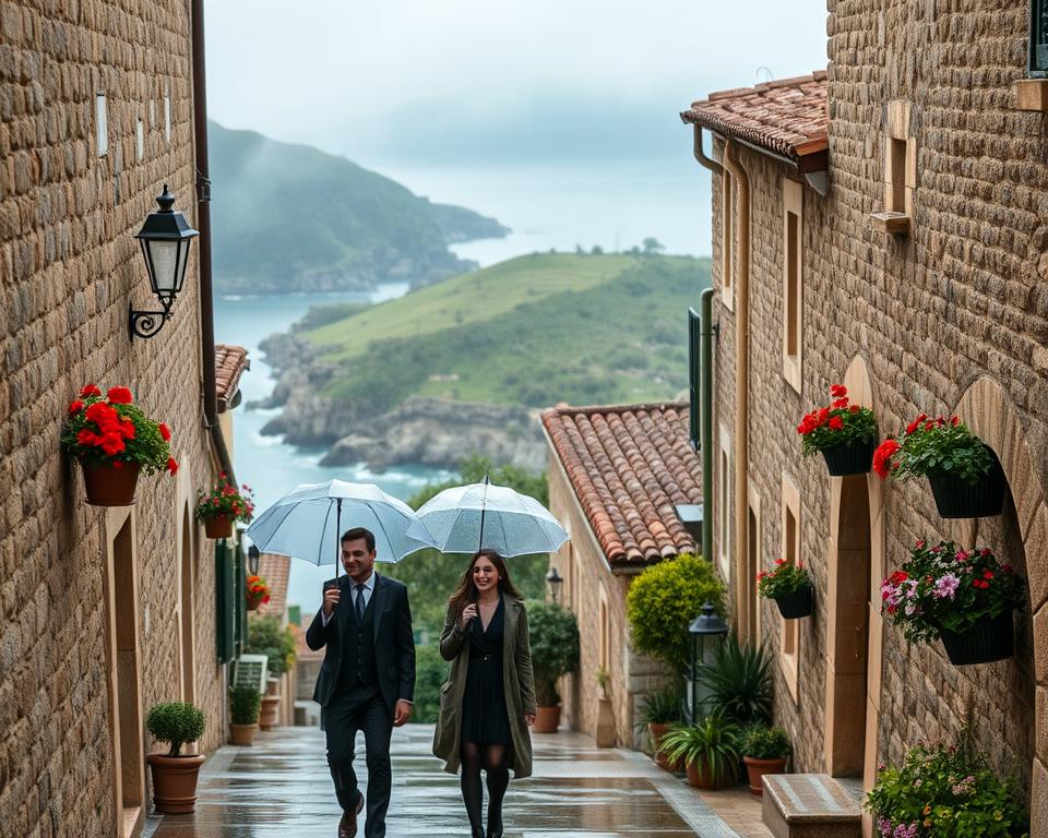 A picturesque scene of Mallorca during a rain shower, capturing the island's charm in winter. In the foreground, a quaint, narrow street lined with traditional stone houses adorned with colorful flowers, glistening under the rain. A couple in professional attire strolls with umbrellas, laughing and enjoying the moment. The middle ground features lush, green hills subtly shrouded in mist, while the background reveals a glimpse of the distant coastline, waves gently crashing against the rocky shore. Soft, diffuse lighting reflects the overcast sky, creating a serene and contemplative atmosphere. The overall mood is tranquil, inviting viewers to explore the beauty of Mallorca even on a rainy day.