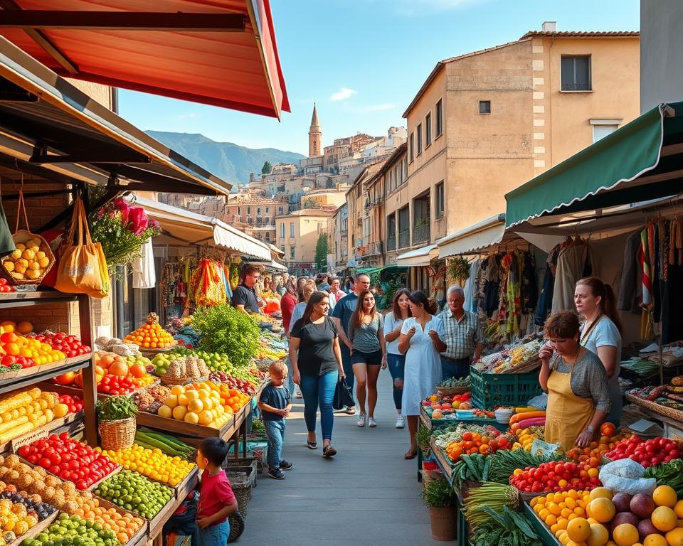A picturesque scene of the "Markt Norden Mallorca," showcasing a vibrant local market set in Alcúdia. In the foreground, colorful stalls overflowing with fresh fruits, vegetables, and artisanal goods, with friendly vendors in modest casual clothing interacting with customers. The middle ground features families and visitors strolling through the market, some sampling local delicacies, capturing the essence of community life. In the background, charming architecture typical of Mallorca blends with a bright blue sky, hinting at the nearby mountains. Soft, warm lighting illuminates the scene, enhancing the vibrant colors of the produce. The composition is captured from a slightly elevated angle, providing a lively overhead perspective that conveys a welcoming, bustling atmosphere, inviting viewers to explore the local treasures.