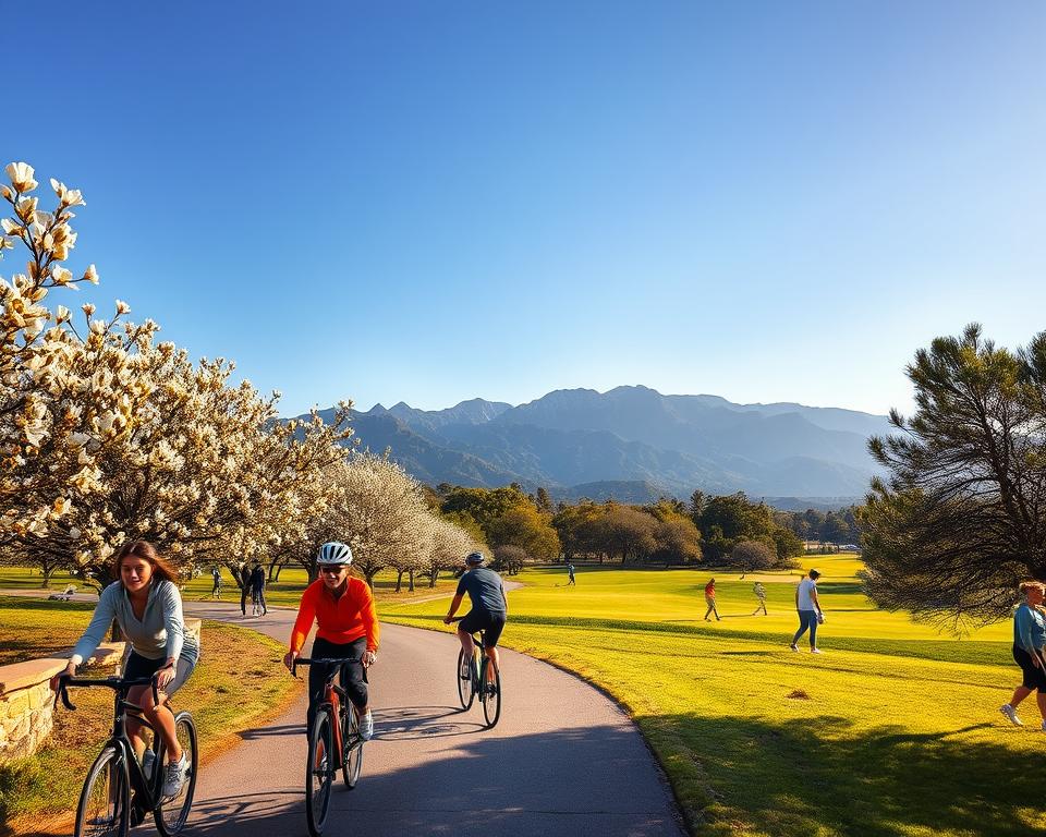 A scenic view of Mallorca during the winter, showcasing an outdoor adventure scene. The foreground features a vibrant cycling path lined with blooming almond trees, inviting cyclists dressed in modest activewear. The middle ground reveals a sunlit golf course with green fairways, dotted with small groups of men and women playing golf, all wearing casual and appropriate athletic clothing. In the background, the majestic Tramuntana mountain range provides a stunning backdrop under a clear blue sky, bathed in warm, golden afternoon light. The atmosphere is lively yet serene, capturing the essence of outdoor sports and adventures available in Mallorca's mild winter season, with soft shadows enhancing the picturesque landscape.