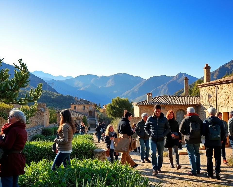 A serene winter landscape in Mallorca showcasing sustainable travel practices. In the foreground, a diverse group of travelers, dressed in modest casual clothing, is happily exploring a rustic village, interacting with local artisans. In the middle ground, lush greenery and traditional stone architecture reflect eco-friendly tourism. The background features the majestic Tramuntana mountains under a clear blue sky, bathed in soft, warm sunlight. Capture the scene from a slightly elevated angle, with a wide lens to encompass the harmonious relationship between people and nature. The atmosphere is tranquil and welcoming, emphasizing respect for the environment and local culture.