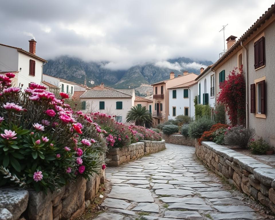 A serene winter scene in Mallorca, focusing on a quaint coastal village. In the foreground, a rugged stone pathway lined with vibrant Mediterranean flora, dusted with light frost, leads the viewer’s eye. The middle ground features charming, whitewashed buildings with traditional wooden shutters, some with gentle smoke curling from chimneys, indicating warmth inside. The background showcases a dramatic view of the rugged mountains, partially shrouded in soft clouds and mist, under a moody gray sky. The atmosphere is tranquil, reflecting the cool yet inviting temperatures typical of Mallorca in winter. Soft diffused light enhances the natural colors, capturing the essence of the island during this quieter season. The angle is slightly elevated, giving an expansive view while emphasizing the quaint charm of the seaside village.