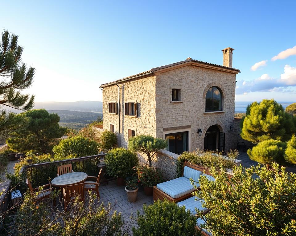 A serene winter scene of a picturesque accommodation in Mallorca, showcasing a cozy hotel or rustic finca surrounded by lush Mediterranean greenery. In the foreground, a warm, inviting terrace with wooden furniture and delicate fairy lights creates a welcoming atmosphere. The middle ground features the charming building, adorned with traditional stone architecture, large windows reflecting the soft winter sunlight. The background reveals rolling hills and a glimpse of the tranquil coastline, under a bright blue sky with a few fluffy clouds. The image should evoke a sense of peace and warmth, capturing the essence of winter getaways on the island, with soft natural lighting and a wide-angle view for depth. No people are present, ensuring a tranquil and picturesque representation.
