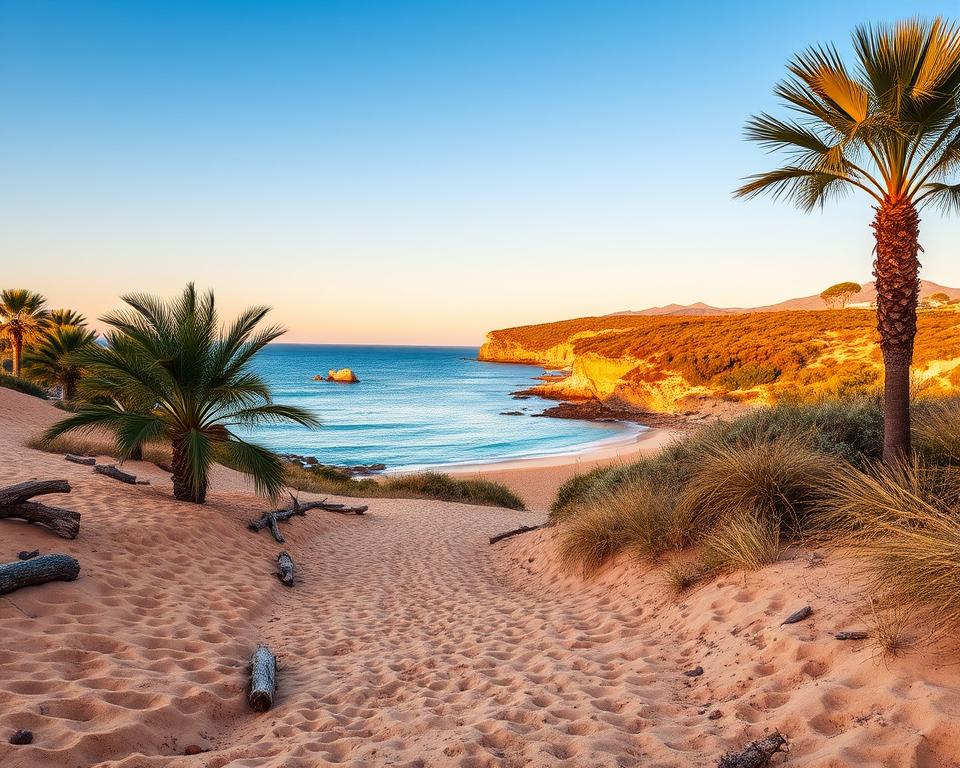 A serene winter scene on the beaches of Mallorca, showcasing soft golden sands and gentle, lapping waves under a clear blue sky. In the foreground, a winding pathway lined with lush green palm trees and scattered driftwood invites leisurely walks. Midway, glimpses of the calm Mediterranean Sea sparkle in the sunlight, with small, rocky coves adding interest to the landscape. In the background, low hills covered in vibrant shrubs and distant, sunlit cliffs create a stunning backdrop. The golden hour light bathes the scene in a warm, inviting glow, evoking a peaceful, tranquil atmosphere perfect for winter strolls. No people are present, ensuring a focus on the natural beauty and serenity of Mallorca’s winter beaches.