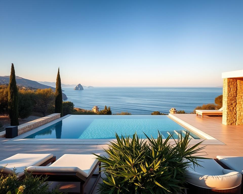 A tranquil winter scene in Mallorca, showcasing a serene wellness oasis overlooking the sparkling Mediterranean Sea. In the foreground, an elegantly designed outdoor spa area with plush loungers and lush greenery, inviting relaxation. The middle ground reveals a sleek infinity pool reflecting the clear blue sky, flanked by natural stone walls and soft, ambient lighting. In the background, gentle hills and cypress trees add to the idyllic landscape, with the sea merging into the horizon. The atmosphere is peaceful and rejuvenating, enhanced by soft sunlight casting warm, golden hues. The composition emphasizes harmony, inviting viewers to envision a retreat-style experience in a winter paradise, inspiring feelings of calm and tranquility.