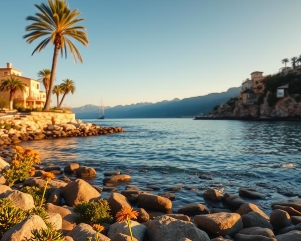 A tranquil winter scene in Mallorca, showcasing the stunning coastal landscape. In the foreground, a serene cove with gentle waves lapping against smooth stones, dotted with patches of wildflowers. The middle ground features traditional Mediterranean architecture, with rustic stone houses adorned with winter greenery. Palm trees swaying lightly in the breeze add a tropical touch. In the background, the soft silhouette of the Tramuntana mountain range contrasts against a clear, azure sky, dimly illuminated by the golden hues of a setting sun. The atmosphere is peaceful and inviting, evoking a sense of relaxation and island serenity, perfect for winter escapes. Warm, natural lighting enhances the beauty of the scene, captured from a slightly elevated angle to encapsulate the landscape's depth.