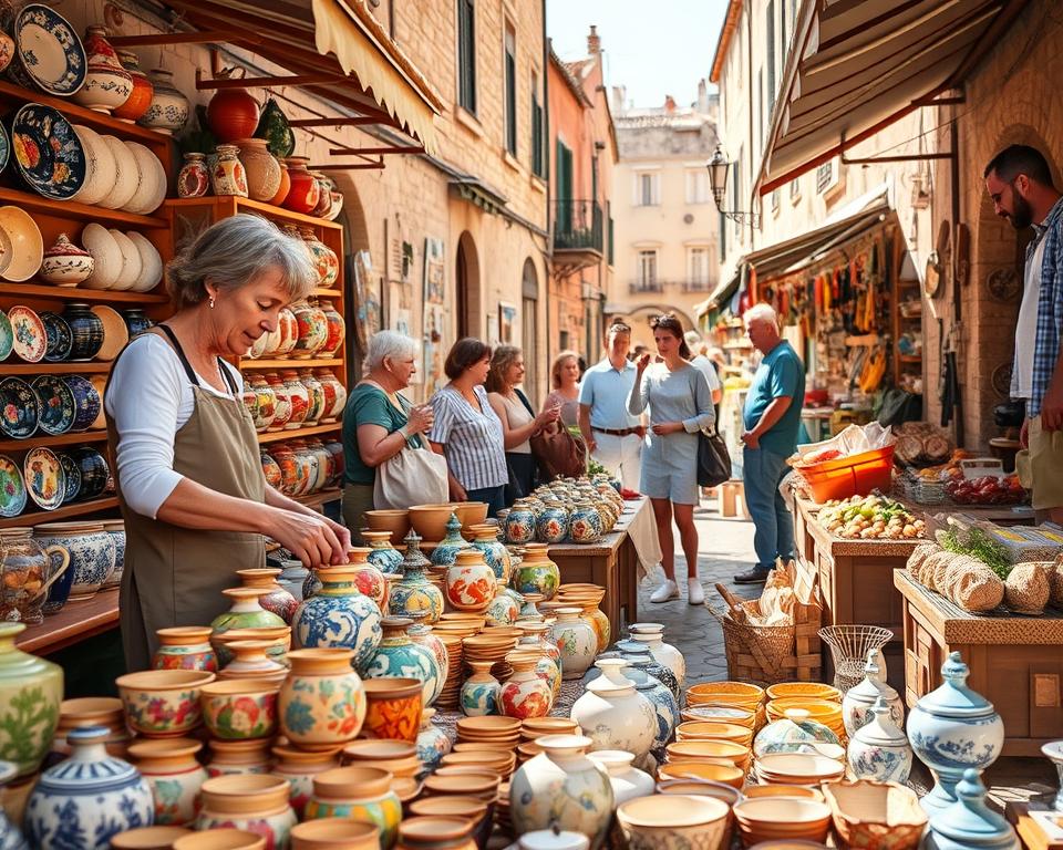 A vibrant market scene in Artà, Mallorca, showcasing a blend of colorful stalls filled with local ceramics, handcrafted art, and fresh produce. In the foreground, a vendor in modest casual clothing enthusiastically arranges beautifully painted pottery. The middle ground features shoppers inspecting the unique wares, engaging in friendly conversation. In the background, the charming architecture of Artà, with its stone buildings and rustic charm, adds depth to the setting. Soft, warm sunlight bathes the market, creating an inviting atmosphere. The lens captures a slightly elevated angle that provides a comprehensive view of the market’s lively action and the surrounding beauty of the quaint town, reflecting the character and artistic spirit of Artà.