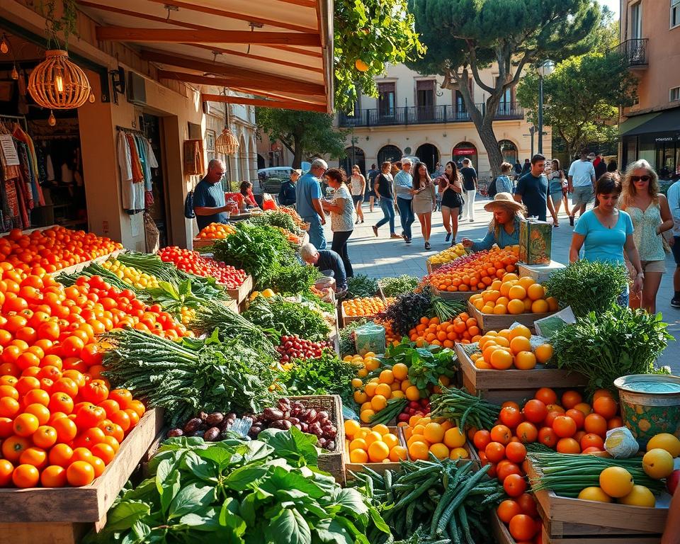 A vibrant scene at a Mallorca market filled with fresh, colorful fruits and vegetables. In the foreground, a variety of local produce such as sun-ripened tomatoes, leafy greens, and citrus fruits are artistically arranged on wooden stalls. The middle ground features local vendors enthusiastically interacting with customers, showcasing their fresh goods. In the background, a sunlit plaza with rustic Mediterranean architecture complements the lively atmosphere, with shoppers casually wandering and admiring the vibrant displays. The lighting is warm and inviting, imbuing the scene with a sense of life and community. Capture the essence of a bustling market day, reflecting the rich local culture and the bounty of the island.