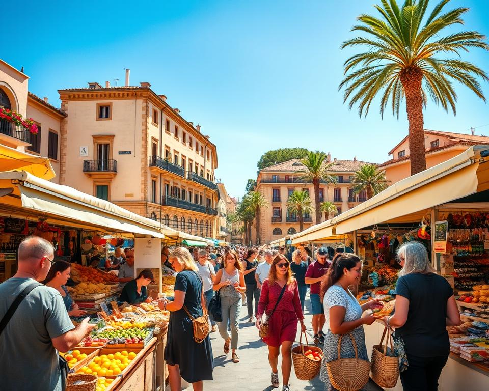 A vibrant scene at the Palma Wochenmarkt in Palma de Mallorca, showcasing a lively open-air market filled with colorful stalls brimming with fresh produce, local cheeses, handmade crafts, and artisan goods. In the foreground, friendly vendors, dressed in modest casual clothing, engage with visitors, offering samples and sharing stories. The middle ground features shoppers of diverse backgrounds, happily exploring the stalls, some carrying woven baskets filled with local treasures. In the background, historic buildings adorned with flowering balconies and palm trees frame the scene under a bright blue sky. The lighting is warm and inviting, suggesting a sunny, cheerful afternoon. Capture the bustling atmosphere, with a slight depth of field effect to bring focus to the market activity while softly blurring the background.