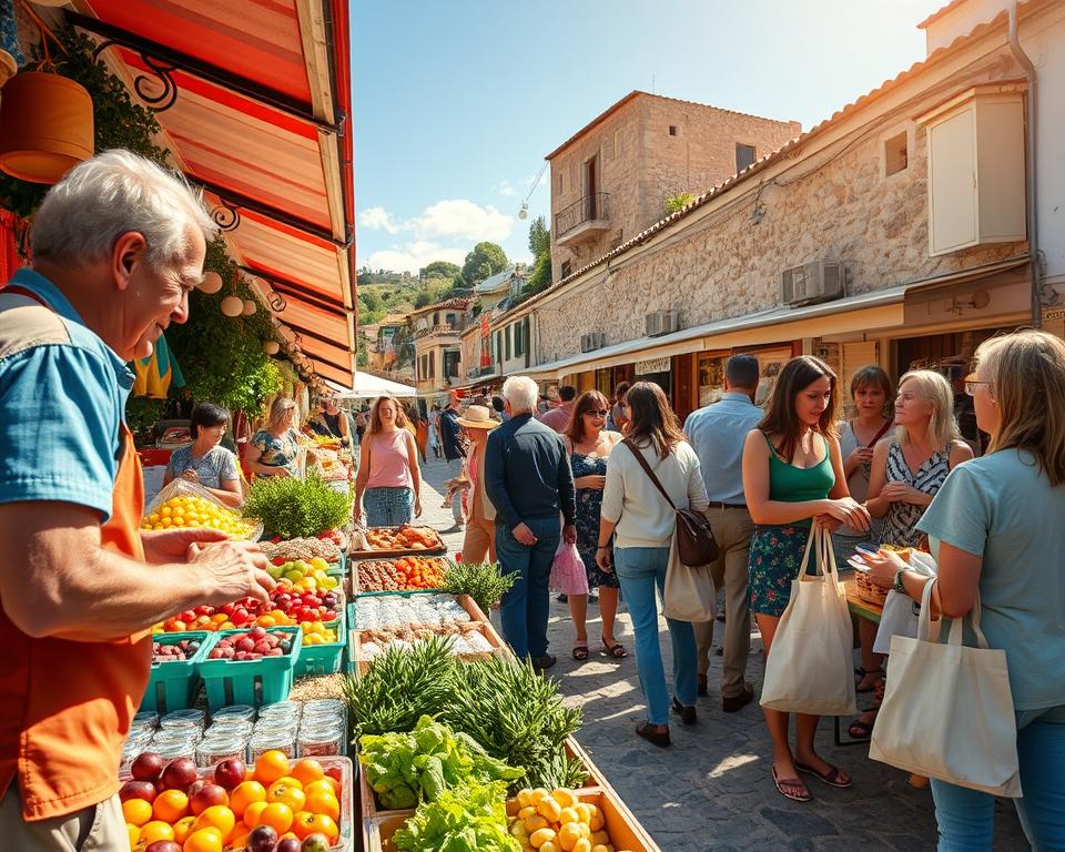 A vibrant scene depicting a bustling weekly market in Mallorca, showcasing colorful stalls brimming with fresh local produce, handmade crafts, and artisan goods. In the foreground, a vendor enthusiastically engages with customers, highlighting the community spirit. The middle ground features shoppers exploring the stalls, some carrying reusable bags filled with local delicacies, while others admire handcrafted items. The background reveals the picturesque Mallorca landscape, with lush greenery and traditional stone architecture under a bright blue sky. Soft, warm sunlight bathes the scene, creating a welcoming atmosphere. The angle captures the lively interactions and the essence of local culture, inviting viewers to experience the charm of Mallorca's weekly markets.