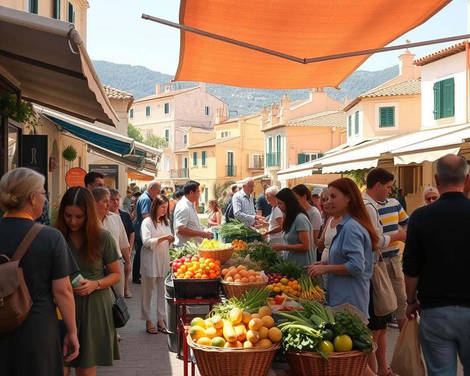 A vibrant scene of a bustling market in Mallorca focused on sustainable shopping. In the foreground, a diverse group of people, dressed in casual yet modest clothing, are engaging with local vendors. Fresh, organic produce like fruits and vegetables are beautifully displayed in baskets and stalls, highlighting regional and seasonal offerings. In the middle ground, colorful awnings provide shade, enhancing the lively atmosphere. In the background, quaint Mediterranean buildings with terracotta roofs are visible, bathed in warm sunlight. The mood is cheerful and inviting, showcasing a community's commitment to sustainability. The image should be brightly lit, capturing the essence of a sunny day, with a slight depth of field effect to draw attention to the interactions and offerings in the market, while maintaining a focus on the theme of responsible shopping.