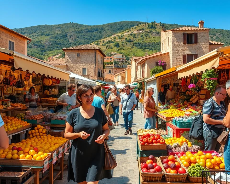 A vibrant scene of the bustling weekly market in Andratx, Mallorca, showcasing a diverse array of colorful stalls filled with fresh local produce, artisan crafts, and traditional food items. In the foreground, a cheerful vendor engages with customers, dressed in modest casual clothing, and providing samples of ripe fruits. The middle ground features shopping families and locals, adding to the lively atmosphere. The background is framed by picturesque stone buildings adorned with flowers and the lush green hills of Mallorca under a bright blue sky. The scene is bathed in warm, natural sunlight, capturing the essence of a sunny day on the island, with a shallow depth of field to add focus to the vibrant market activity while blurring the distant hills.