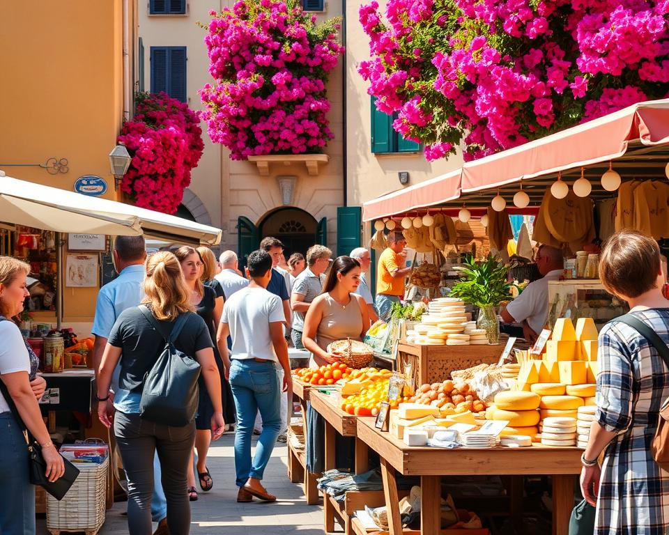 A vibrant weekly market scene in Mallorca, showcasing a bustling atmosphere. In the foreground, a variety of colorful stalls display fresh local produce, artisan cheeses, and handcrafted goods, with shoppers exploring the offerings. The middle ground features friendly vendors interacting with customers, dressed in modest casual clothing. In the background, picturesque Mediterranean architecture framed by vibrant bougainvillea adds charm to the setting. Warm, natural sunlight bathes the scene, creating a lively and inviting ambiance. Use a slightly elevated angle to capture the energy of the market, highlighting the richness of local culture and the joy of discovering hidden gems. Capture the essence of a sunny day, emphasizing the beauty and community spirit of Mallorca's favorite market spots.
